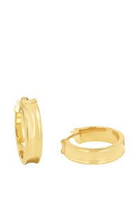 Orecchini a cerchio in oro con finitura lucida, forma arrotondata e chiusura a cerniera. Il design presenta una sottile texture sui bordi.