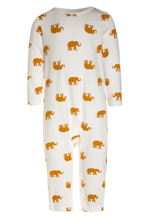 Biały bawełniany body z wzorem pomarańczowych słoni i koron, z długimi rękawami oraz zapięciami na zatrzaski na dole. Miękka tekstura.