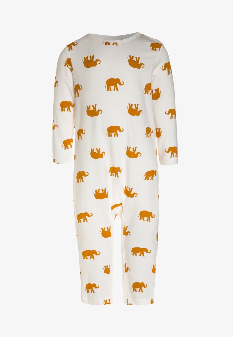 Body en coton blanc orné d'un motif d'éléphants orange et de couronnes, manches longues, et fermetures à pression en bas. Texture douce.