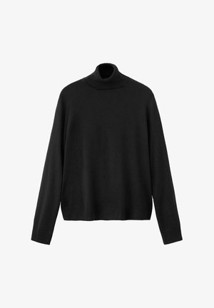 Pulover negru cu guler înalt, realizat din material tricotat, cu mâneci lungi, guler strâns și tiv ușor scurtat. Textură netedă, culoare uniformă.