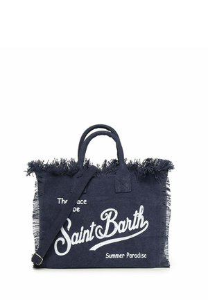 Borsa tote blu navy con dettagli in frange, due manici e testo bianco con la scritta "The place to be Saint Barth Summer Paradise."