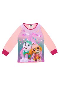 Long-sleeve pajama shirt featuring a pink base, illustrated characters, and "PAW Patrol" text in a playful font. Accented with purple cuffs.