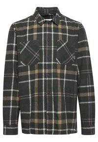 Zwart en groen geruite overhemd met twee borstzakken, voorzien van paarse en beige accenten, gemaakt van een zachte, gestructureerde stof.