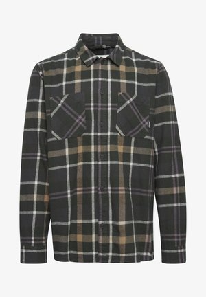 Camicia a quadri nera e verde con due tasche sul petto, caratterizzata da dettagli viola e beige, realizzata in un morbido tessuto testurizzato.