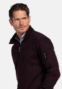 Bordeauxkleurige zip-up pullover met een hoge kraag, voorzien van een zijzak met rits, textuurstof en subtiele stikseldetails.
