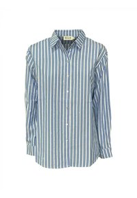 Maglietta a maniche lunghe a righe blu e bianche con colletto button-down, caratterizzata da cuciture a contrasto discrete e un fit rilassato.