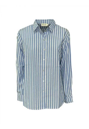 Maglietta a maniche lunghe a righe blu e bianche con colletto button-down, caratterizzata da cuciture a contrasto discrete e un fit rilassato.