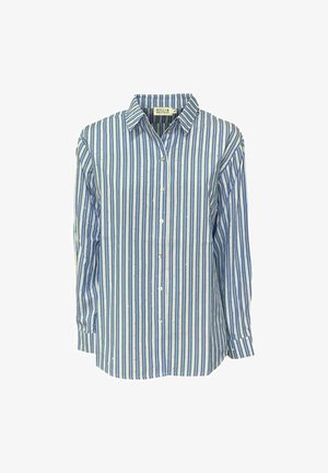 Maglietta a maniche lunghe a righe blu e bianche con colletto button-down, caratterizzata da cuciture a contrasto discrete e un fit rilassato.