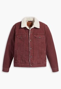 Burgundy denimjacka med vit shearlingkrage, knäppning fram, två bröstfickor och sidfickor. Mjuk, strukturerad tyg.
