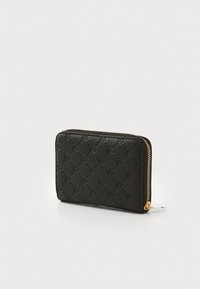Portefeuille zippé noir en cuir texturé, doté d'un motif en relief et d'une fermeture éclair dorée, de forme rectangulaire avec des bords arrondis.