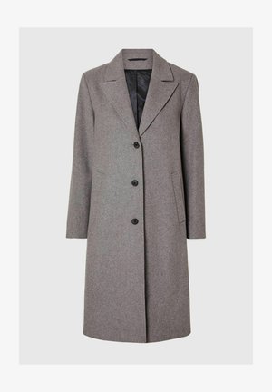 Pelēks vilnas maisījuma mētelis ar iegrieztiem uzmavām, četriem melniem pogām, divām sānu kabatām un vienkāršu iekšējo oderi. Vidēja garuma taisna piegriezuma.