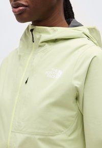 Κοντινό πλάνο ενός ατόμου που φοράει ένα ανοιχτό πράσινο μπουφάν The North Face με κουκούλα και φερμουάρ μπροστά, δείχνοντας μέρος του προσώπου και του λαιμού του.