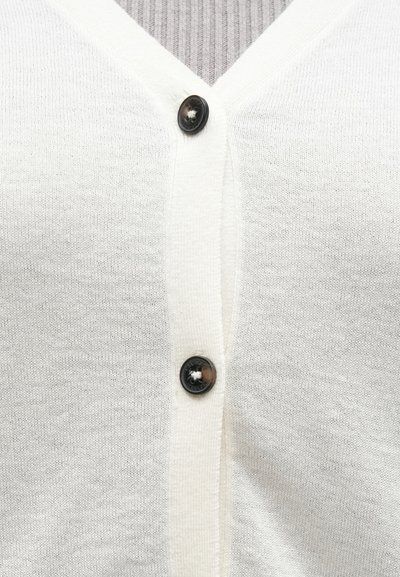 Κοντινό πλάνο λευκού πλεκτού ζακέτα με δύο μαύρα κουμπιά κλειστά πάνω από γκρι ριμπ μπλούζα.