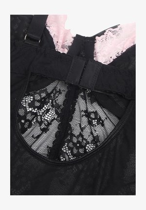 Black lace bra back with hook-and-eye closure and pink lace trim visible at the top edge.