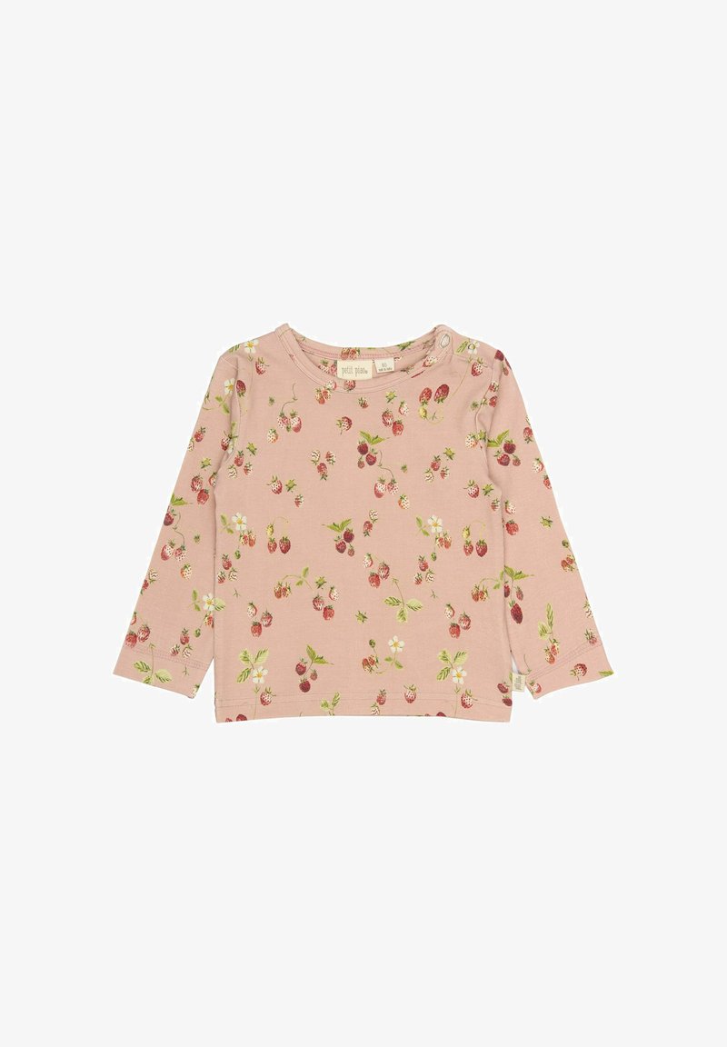 T-shirt en coton rose à manches longues avec un imprimé de fraises, des feuilles vertes et des fleurs blanches. Comprend un col rond avec des détails en boutons.