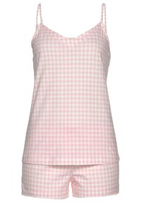 Roze ruitjes pyjama-set met een mouwloze top met V-hals en bijpassende shorts. Zacht katoenen stof met een scalloped zoomdetail.