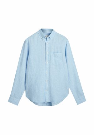 Light blue long-sleeve button-down shirt made of textured linen. Features a single chest pocket and a rounded hem with button accents.