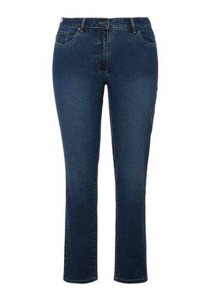 Granatowe dżinsy o prostych nogawkach z przodem zapinanym na guzik i zamek błyskawiczny, szlufkami na pasek oraz przednimi kieszeniami.