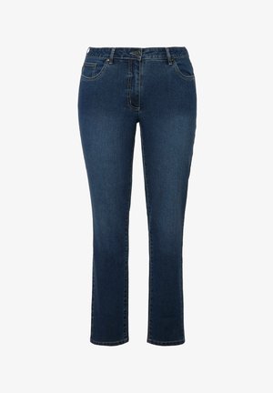 Dunkelblaue gerade geschnittene Jeans aus Denim mit vorderer Knopf- und Reißverschluss, Gürtelschlaufen und Vordertaschen.