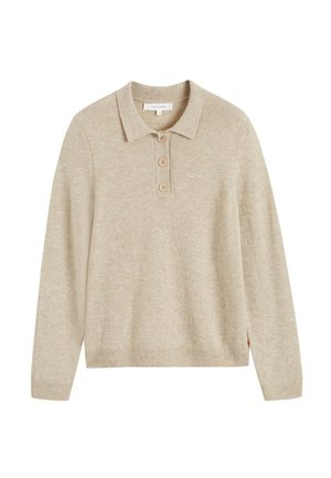 Beige pullover sweater with a classic polo collar, three button placket, ribbed hem and cuffs, and soft textured fabric.