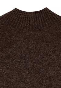 Brūns adīts džemperis ar augstu, ribotu apkakli. Mīksta tekstūra un vienmērīgs adījuma raksts visā virsmā. Nav redzamu rakstu vai akcentu.