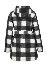 Černobílý kostkovaný fleecový župan s kapucí, páskem v pase a dlouhými rukávy. Měkká textura, oversized design a zaoblený lem.