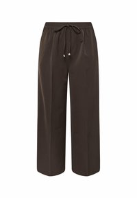 Bruine wijde broek van gladde stof. Bevat een elastische tailleband met een trekkoord en twee zijzakken voor extra functionaliteit.