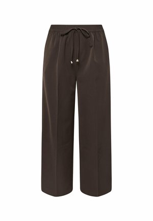 Pantalones de pierna ancha marrones confeccionados en una tela suave. Cuentan con una cinturilla elástica con cordón y dos bolsillos laterales para mayor utilidad.