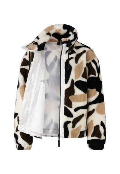 Fleecevest met een abstract patroon in zwart, wit en bruin, voorzien van een ritssluiting aan de voorkant, een verstelbare capuchon en een gladde voering aan de binnenkant.