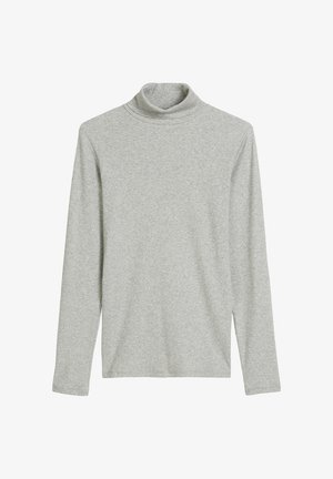 Szara koszulka z długim rękawem i kołnierzem typu golf z miękkiego materiału, o dopasowanym kroju i prążkowanym kołnierzu, z bezszwową konstrukcją.