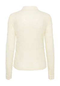 Weißes Langarmhemd mit strukturiertem Blumenmuster, weichem Stoff, klassischem Kragen und Knopfmanschetten. Die Rückansicht zeigt ein nahtloses Design.