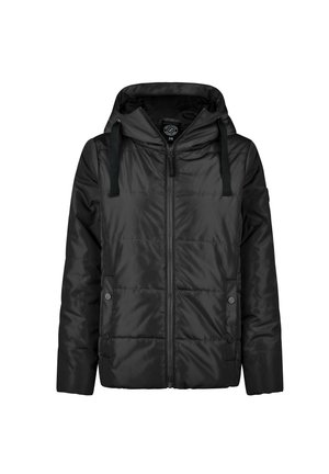 Doudoune noire avec fermeture éclair, capuche ajustable et deux boutons à l'avant. Texture lisse avec des détails matelassés. Taille affichée : 38.