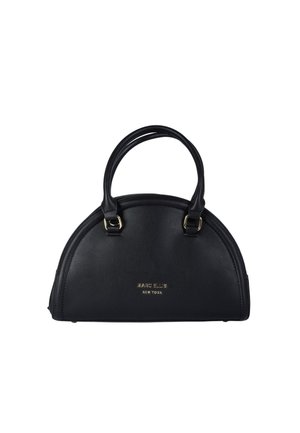 Borsa in pelle nera con forma arrotondata, doppio manico superiore e logo dorato in rilievo. Texture liscia con dettagli hardware minimi.