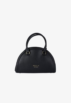 Borsa in pelle nera con forma arrotondata, doppio manico superiore e logo dorato in rilievo. Texture liscia con dettagli hardware minimi.