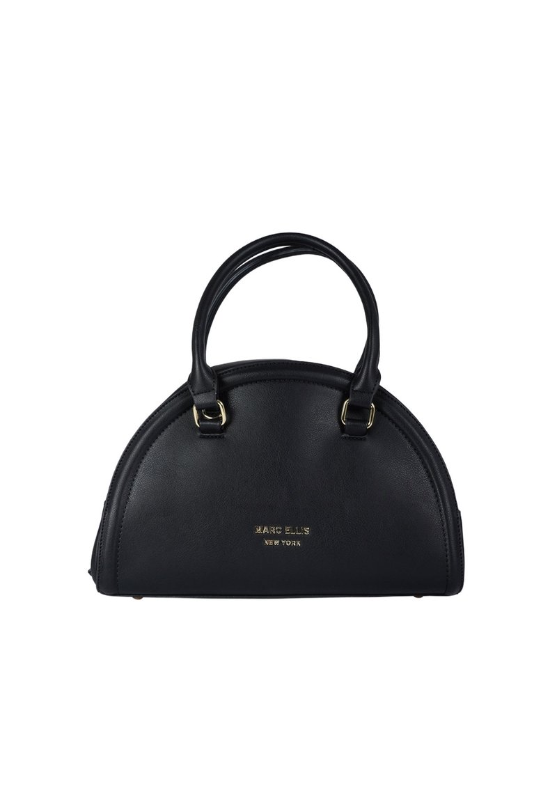 Borsa in pelle nera con forma arrotondata, doppio manico superiore e logo dorato in rilievo. Texture liscia con dettagli hardware minimi.