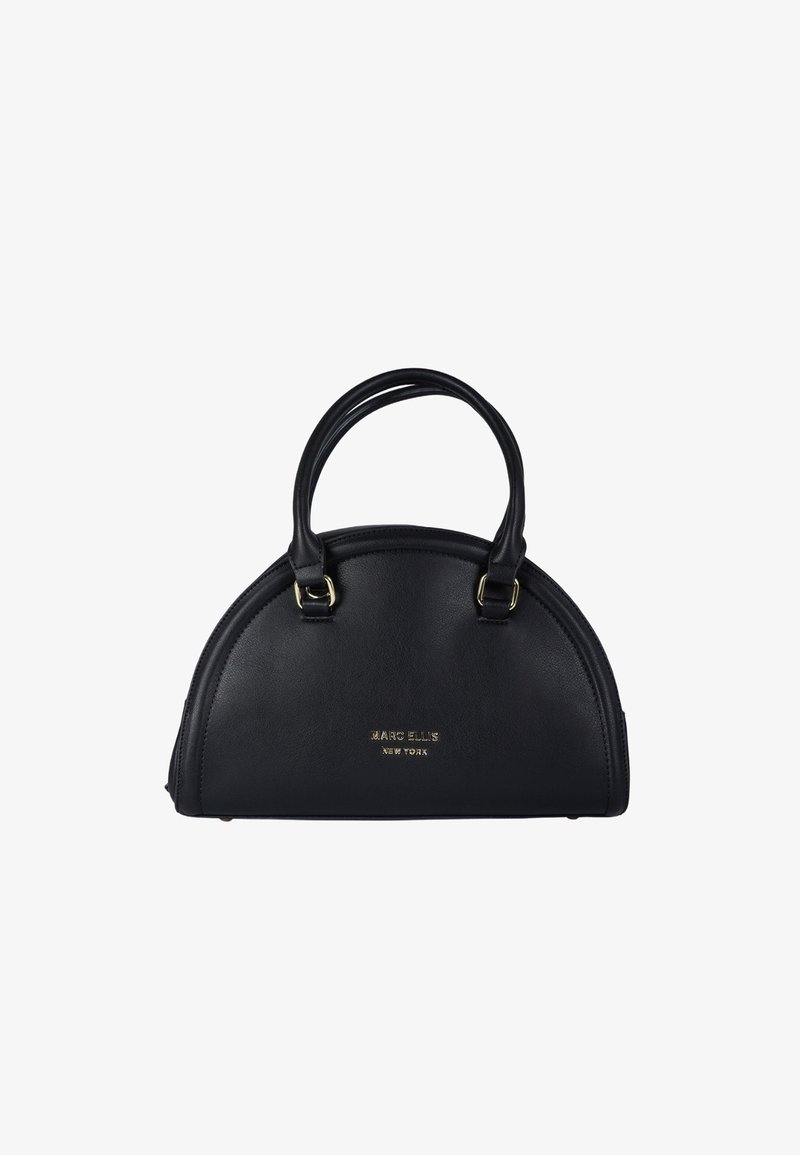 Borsa in pelle nera con forma arrotondata, doppio manico superiore e logo dorato in rilievo. Texture liscia con dettagli hardware minimi.