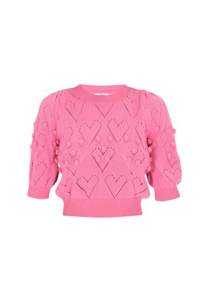 Różowy sweter dzianinowy z bufkami, wycięciami w kształcie serca i teksturowanymi pomponami. Dopasowana linia u dołu z prążkowanym wykończeniem.