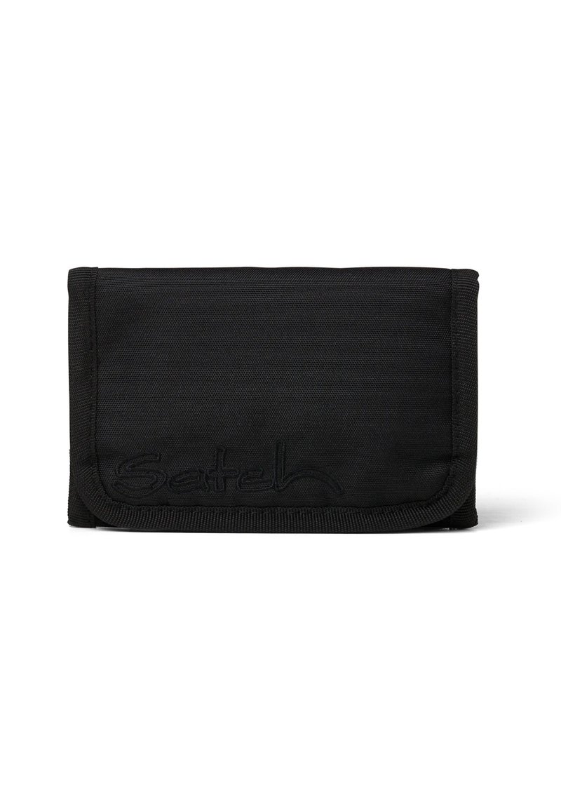 Black nylon wallet with a fold-over design and stitched logo detail. Texture is smooth with reinforced edges and minimal hardware.