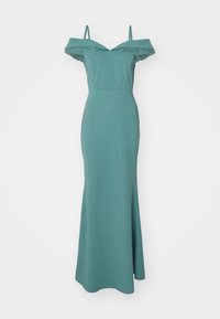Rochie teal cu umăr descoperit, cu dantelă decorativă, corset ajustat și fustă evazată. Fabricată dintr-un material moale și elastic. Bretele subțiri ajustabile.