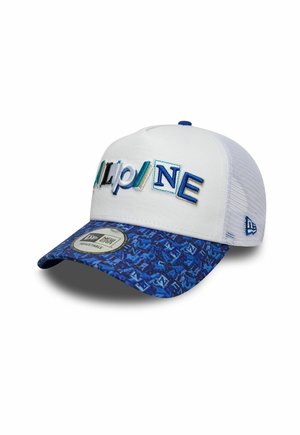 Weiß-blau verstellbare Baseballkappe mit Netzrückseite, vorn mit der Aufschrift "NAPA ONE" in verschiedenen Schriftarten und Mustern auf dem Vorderteil.
