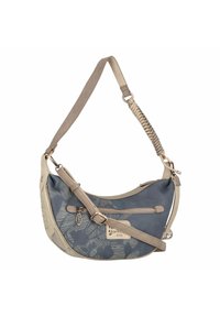 Umhängetasche im Hobo-Stil aus blauem und beigem Stoff mit strukturiertem Blattmuster, verstellbarem Tragegurt und einer Reißverschlusstasche.