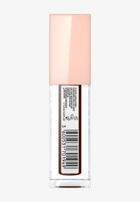 Gloss à lèvres dans un contenant transparent avec un capuchon carré rose clair mat. Présente une étiquette avec un code-barres et les détails du produit sur le côté.