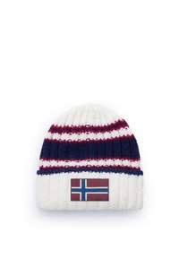 Cappello di maglia con strisce bianche, blu navy e rosse. Presenta una patch con la bandiera norvegese. Texture morbida e design a cupola.