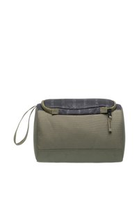 Bolsa de almacenamiento de tela verde con forma redondeada, parte superior gris con cremallera, asa lateral y patrón texturizado en el forro.