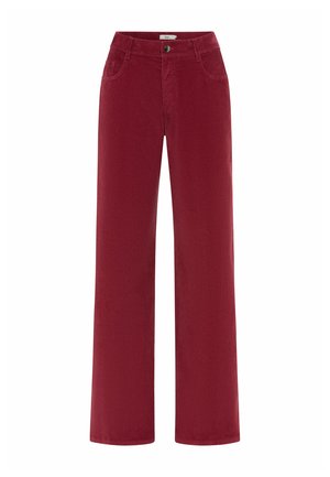 Wide-leg pants in burgundy corduroy fabric. Features front pockets and a button closure. Smooth texture with vertical ribbing detail.