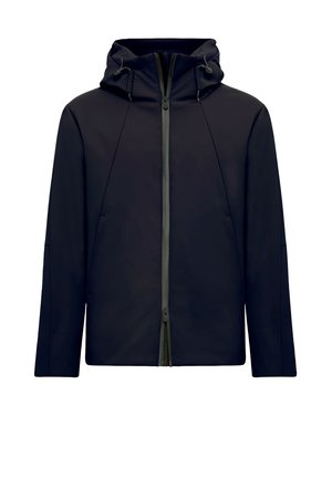 Chaqueta con capucha azul marino de cremallera frontal completa, que incluye toggles ajustables, bolsillos laterales y una tela suave y resistente al agua.