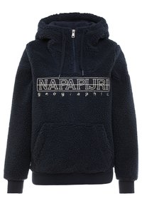 Navyblaue Fleece-Hoodie mit einer Kängurutasche, halbem Reißverschluss, verstellbaren Kordeln und einem weißen gestickten Logo auf der Brust.