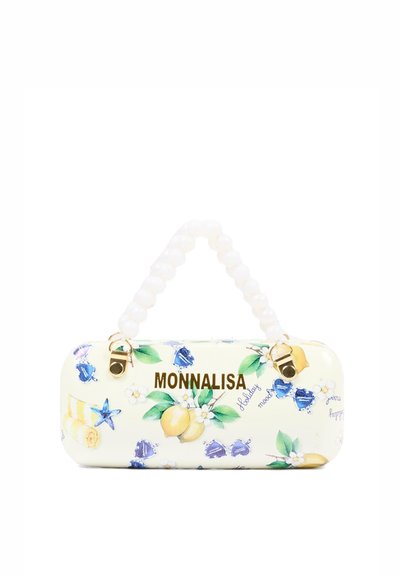 Clutchtasche mit Perlenhenkel, Zitronen- und blauem Herzmuster, goldenem "MONNALISA"-Logo und goldenen Verschlüssen auf weißem Hintergrund.