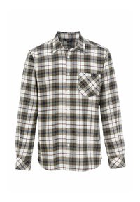 Langarm geruite blouse in wit, marineblauw en kastanjebruin, gemaakt van flanelstof. Bevat een enkele borstzak en een knopenlijst aan de voorkant.