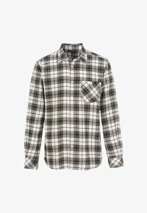 Langærmet ternet skjorte i hvid, marineblå og maroon, lavet af flannelstof. Den har en enkelt brystlomme og knaplukning foran.